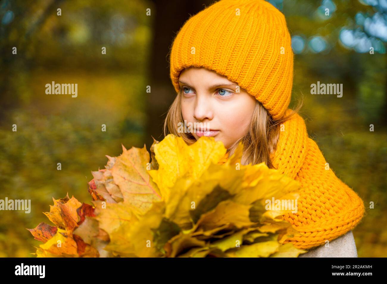 Belle petite fille en jaune vif orange automne chaud bonnet tricoté et écharpe tube avec bouquet de feuilles d'érable, feuillage marchant dans la forêt. Amusez-vous Banque D'Images