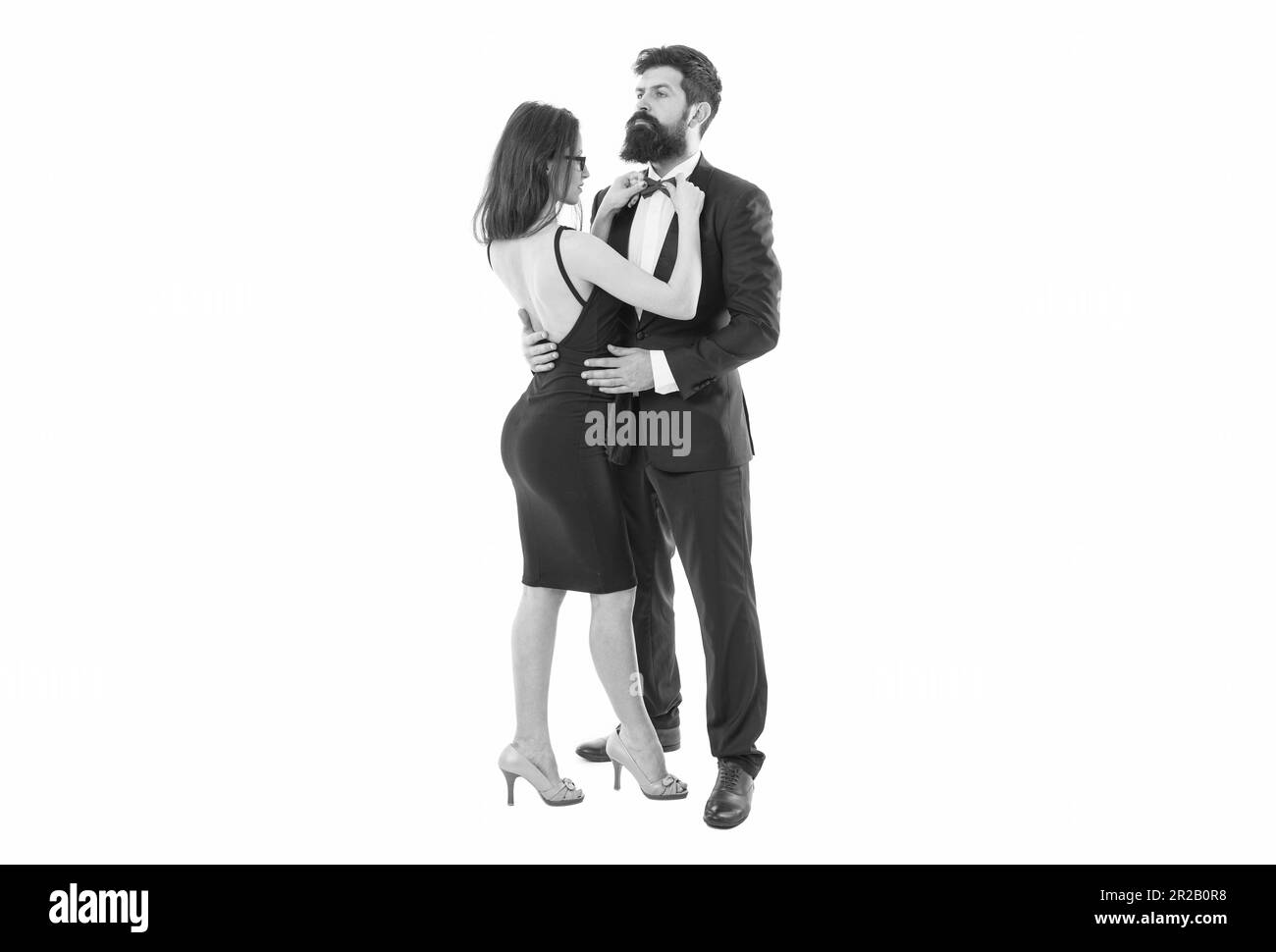 Règles du code vestimentaire. Conférence de cérémonie de fête. Concept de code vestimentaire. Couple préparez-vous pour la fête. Code vestimentaire officiel. Femme élégante femme et barbu Banque D'Images