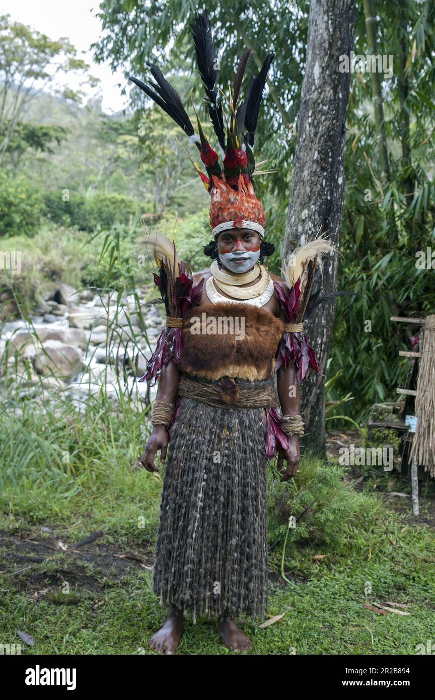 Papouasie-Nouvelle-Guinée; Hautes-terres orientales; Goroka; fille de papuan en costume traditionnel de cérémonie fait de peaux, de graminées, de plumes et de coquillages colorés Banque D'Images