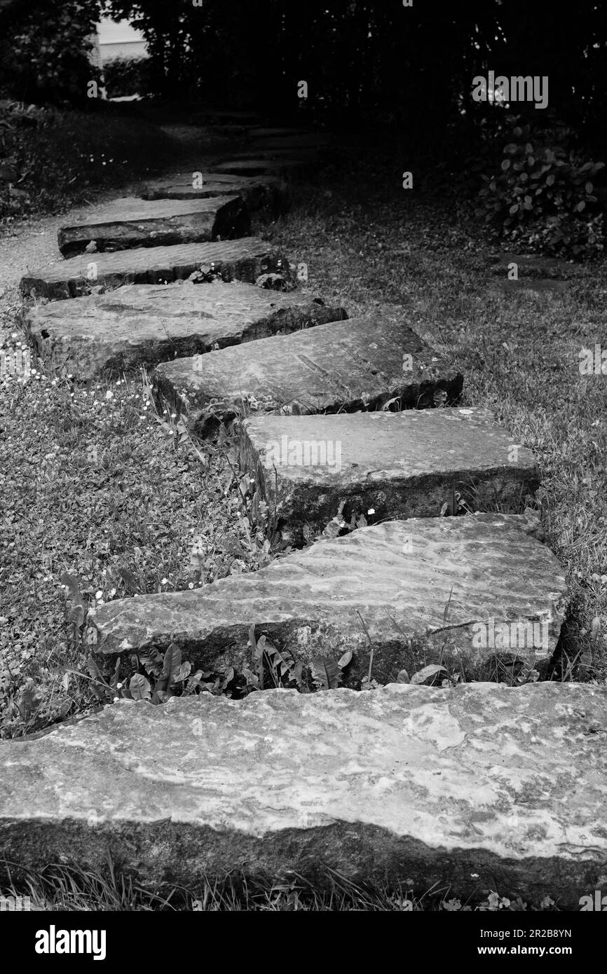 Un chemin en pierre serpente à travers le paysage, guidant le chemin avec sa présence solide. Chaque pierre abîmée raconte une histoire, tandis que les pas laissent leur empreinte. Banque D'Images