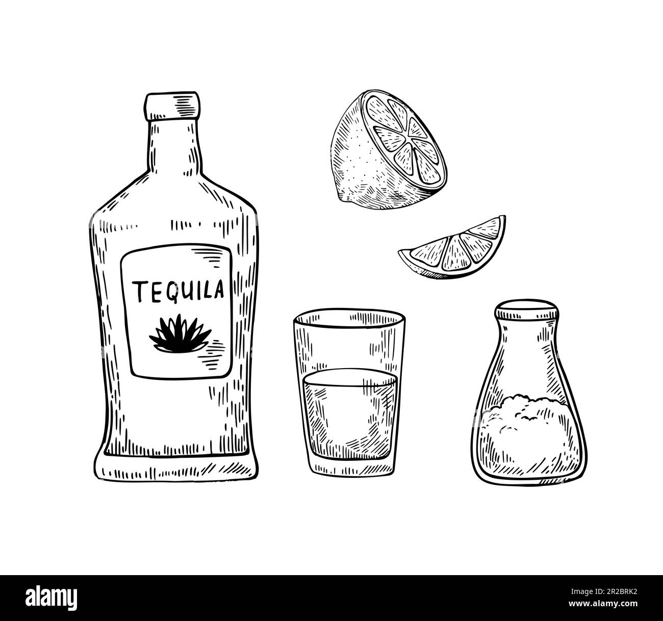 Illustration dessinée à la main avec style de gravure rétro. Bouteille de Tequila, verre à ravin et ingrédients pour le cocktail. Esquisse vectorielle noir et blanc. Illustration de Vecteur