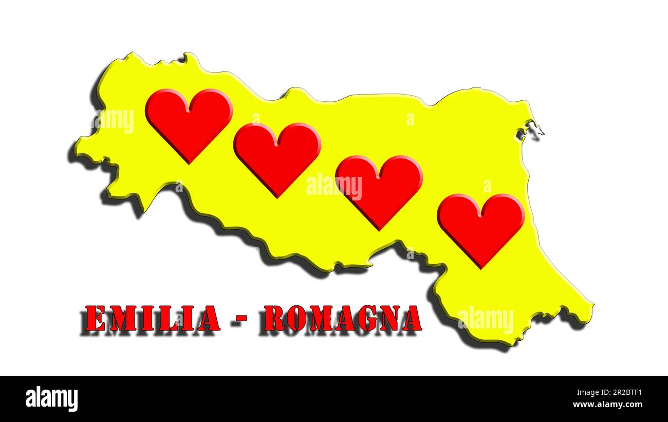 Emilie Romagne au coeur, mauvais temps, solidarité de toute l'Italie pour suivre et soutenir la région touchée par les inondations. 3d illustration. Banque D'Images