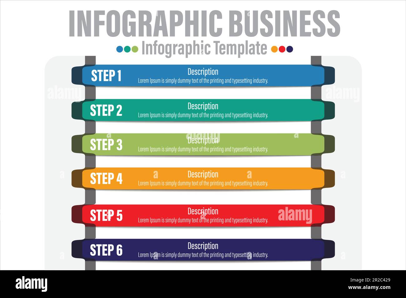 Tableau, schéma de conception infographie concept commercial pour présentation de diapositives avec liste de 6 points à 6 étapes ou six options et direction de la forme verticale de la boîte longue Illustration de Vecteur