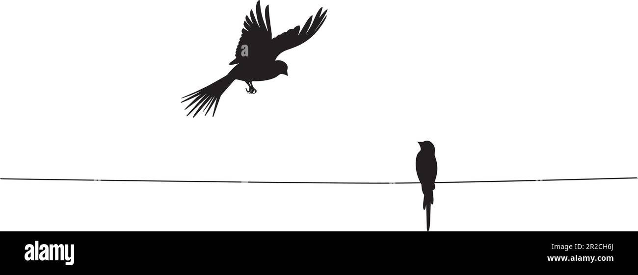 Oiseau sur fil et silhouette d'oiseau volant, vecteur. Illustration d'oiseaux isolée sur fond blanc. Art mural, œuvres d'art, poster noir et blanc. Illustration de Vecteur