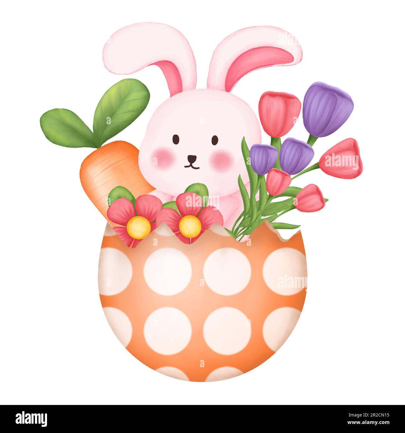 Joyeuses Pâques Mignon Lapin Dans Oeuf De Pâques Avec Fleurs De Printemps Et Carottes. Illustration Aquarelle Du Jour De Pâques Photo Stock - Alamy