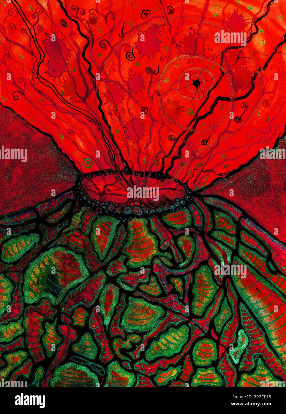 Éruption rouge vif d'un vulcano avec des modèles neurographiques. La technique de tabouillage près des bords donne un effet de flou en raison de la surface modifiée Banque D'Images