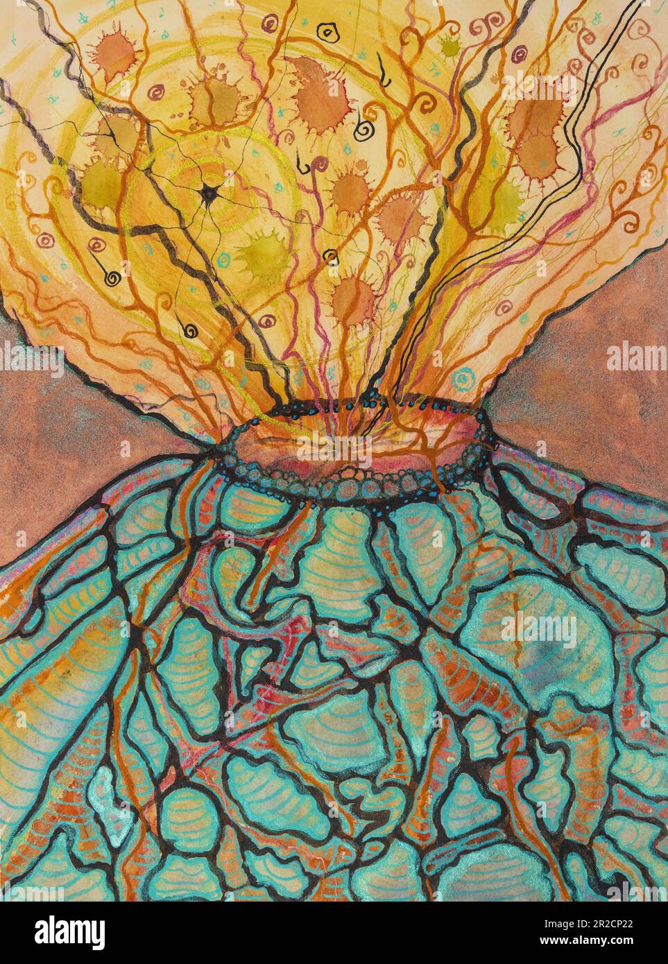 vulcano décoratif ludique. La technique de tabouillage près des bords donne un effet de flou en raison de la rugosité de surface modifiée du papier. Banque D'Images