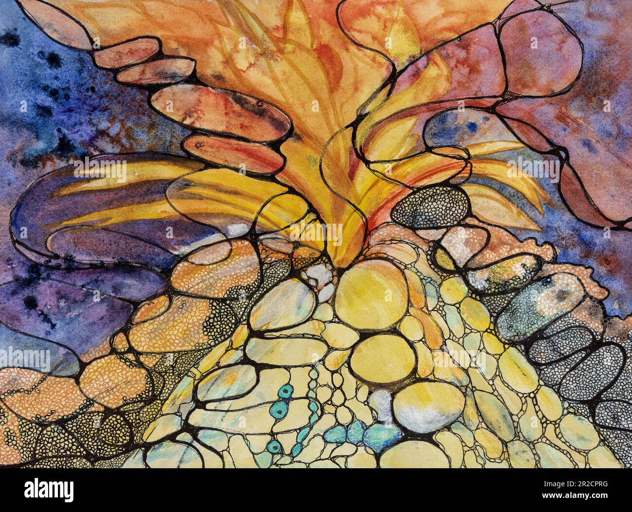 Volcan en éruption avec des flammes dorées et des briques cassées. La technique de tabouillage près des bords donne un effet de flou en raison de la surface modifiée rugueuse Banque D'Images