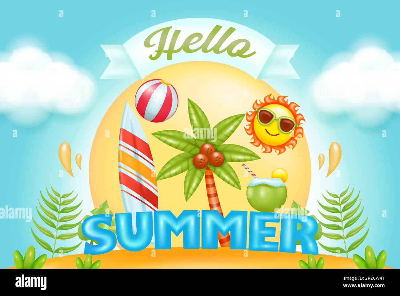 Bonjour été. Motif vectoriel de plage d'été au bord de la mer avec planches de surf, soleil et cocotiers. Illustration vectorielle de fond d'été 3D Illustration de Vecteur