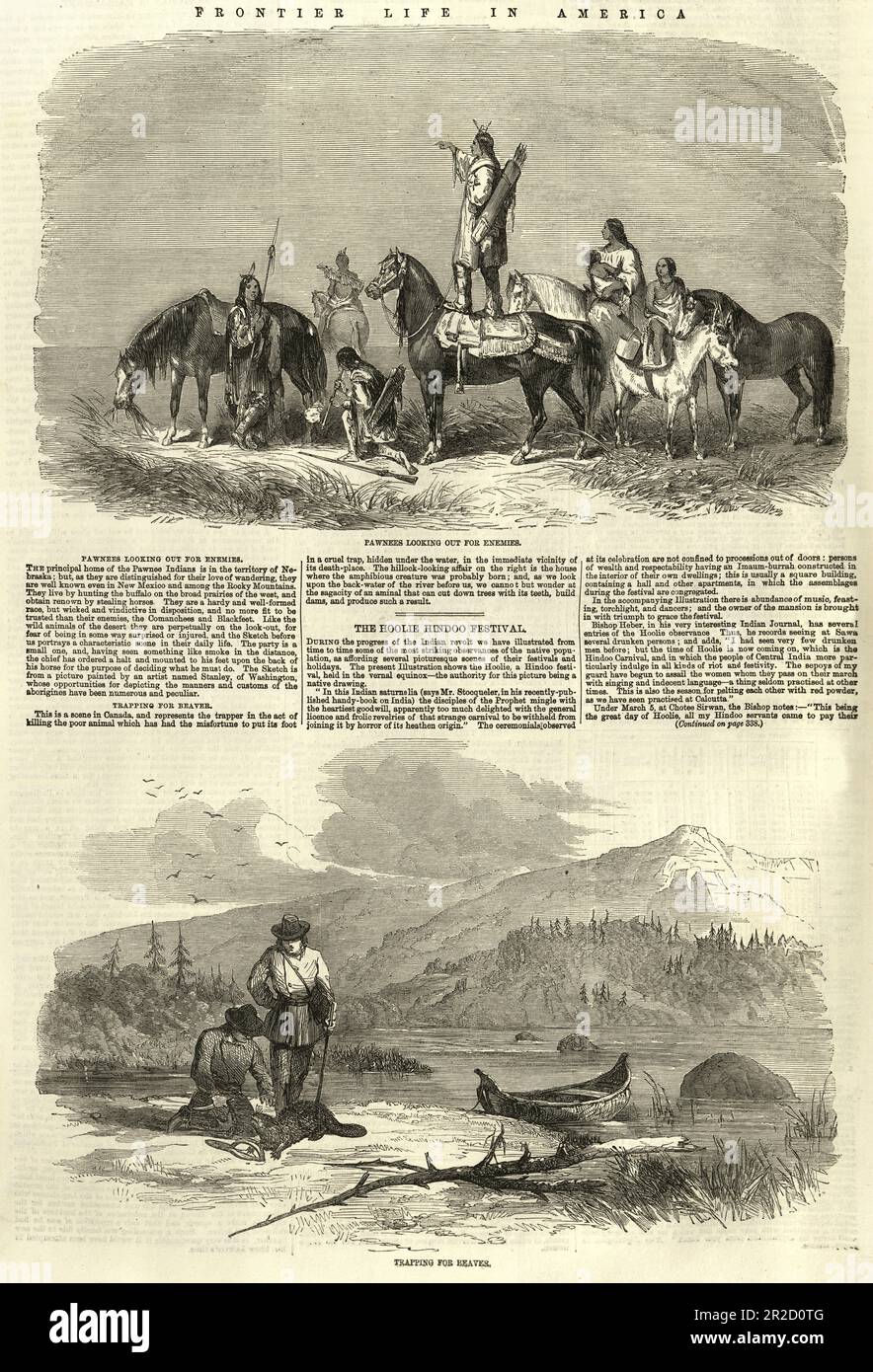 Scenes of Frontier Life in America, 1850s, 19th Century newspaper page, Pawelans natifs américains à la recherche d'ennemis, piégeant les castors Banque D'Images