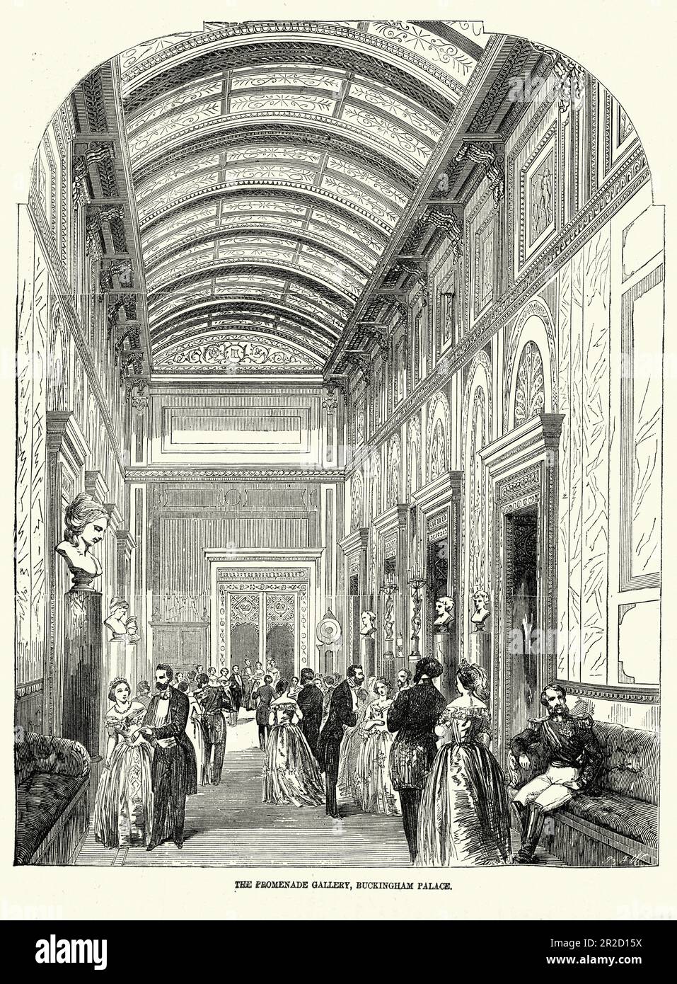 Illustration ancienne de la Promenade Gallery, Buckingham Palace, 1850s, 19th siècle Banque D'Images