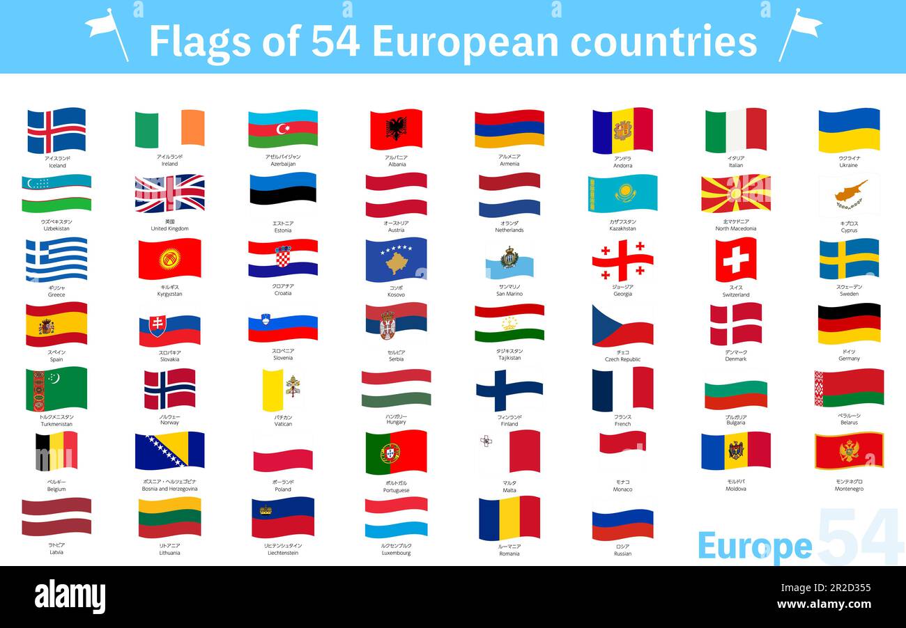 Icônes drapeau du monde flottant, ensemble de 54 pays européens et NEI, illustration vectorielle Illustration de Vecteur