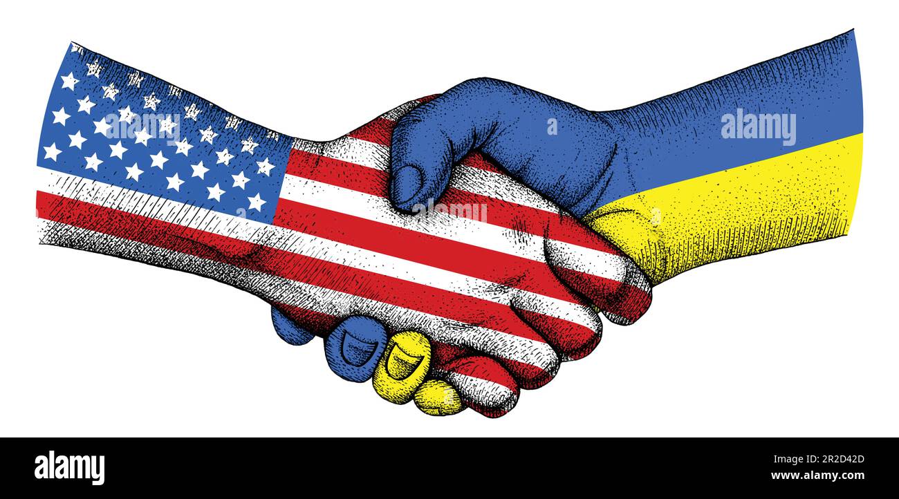 Poignée de main avec les drapeaux de l'Ukraine et des États-Unis Illustration de Vecteur