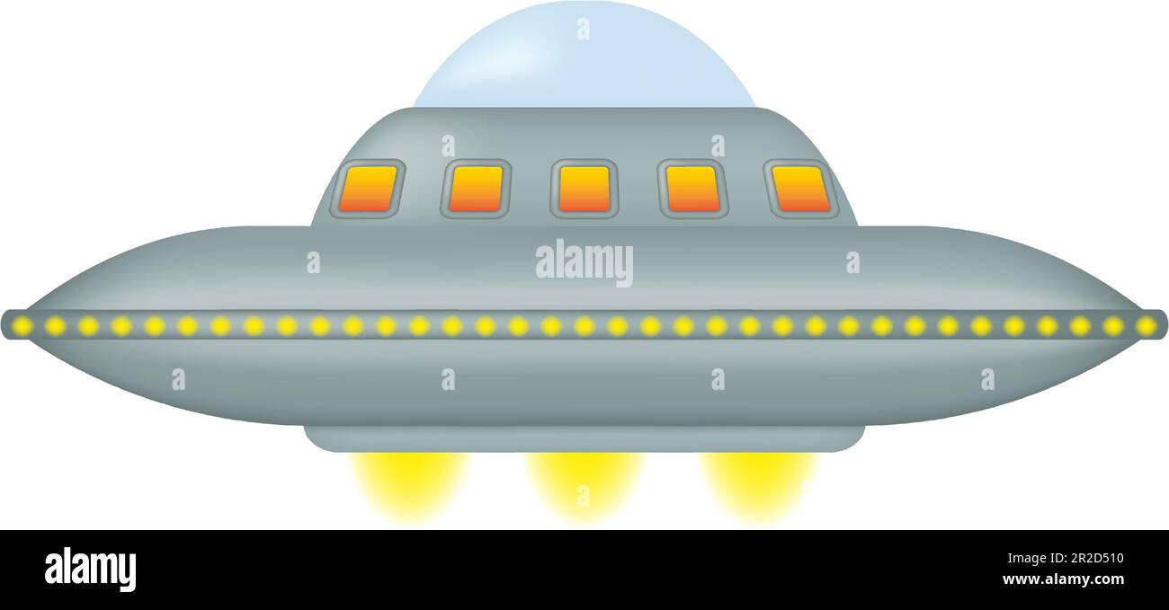 Soucoupe volante isolée avec une série de lumières jaunes entourant son corps métallique rond. Fantastique vaisseau extraterrestre. Journée des OVNIS. Illustration vectorielle. Illustration de Vecteur