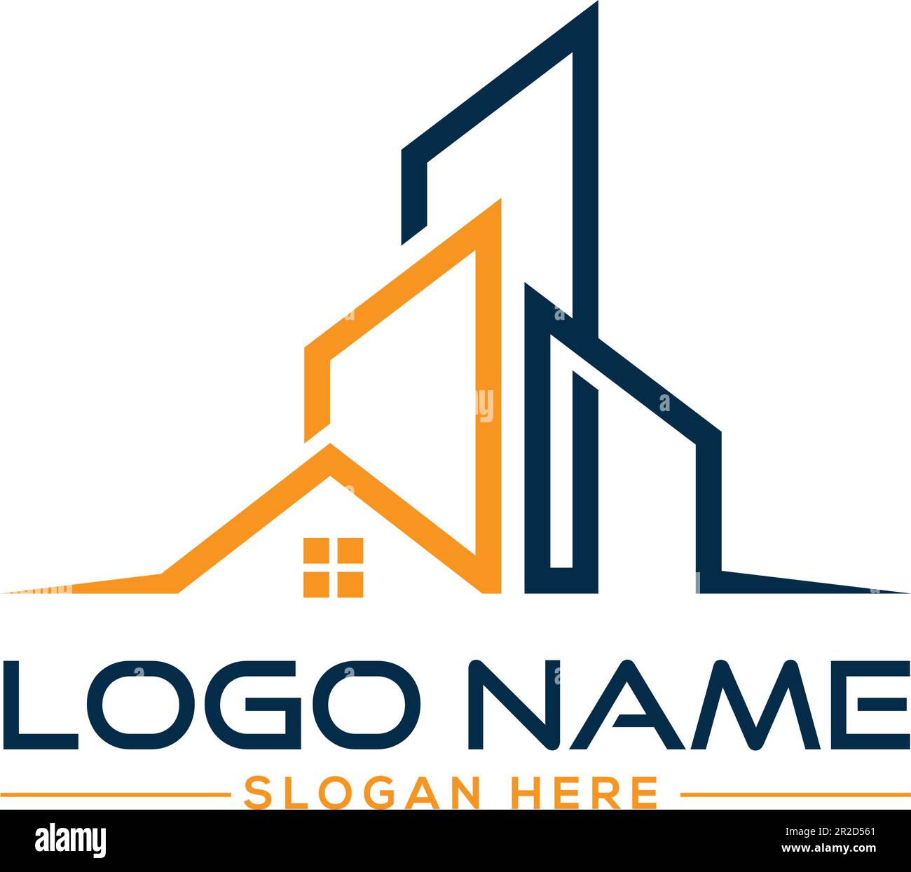 Un logo pour une entreprise immobilière avec un bâtiment et un logo bleu et orange Illustration de Vecteur