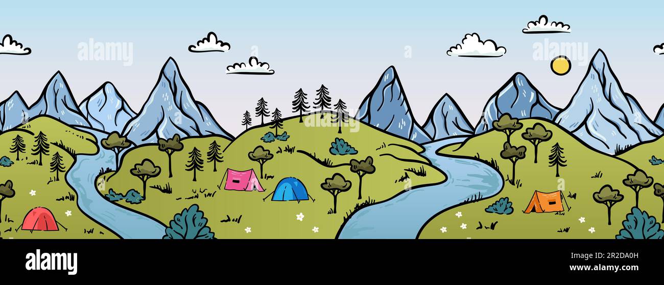 Joli paysage dessiné à la main avec des montagnes, des tentes, des arbres, des collines. Paysage illustré simple, aventure - idéal pour les bannières, fonds d'écran, cartes. Illustration de Vecteur