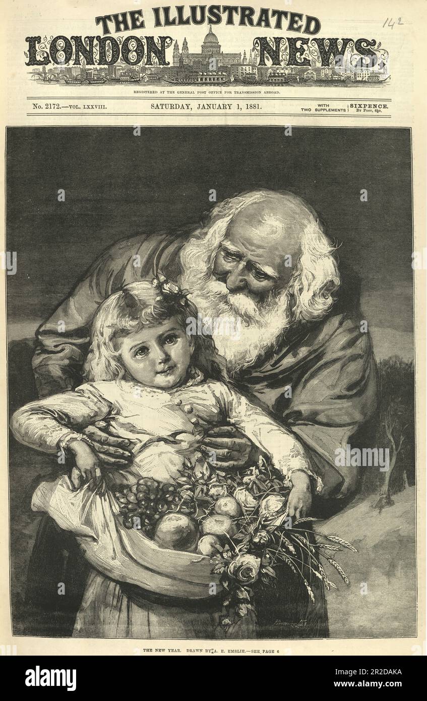 Première page de la London Illustrated News, le nouvel an, après A E Emslie, 1st janvier 1881, Noël de la petite fille et du père Banque D'Images