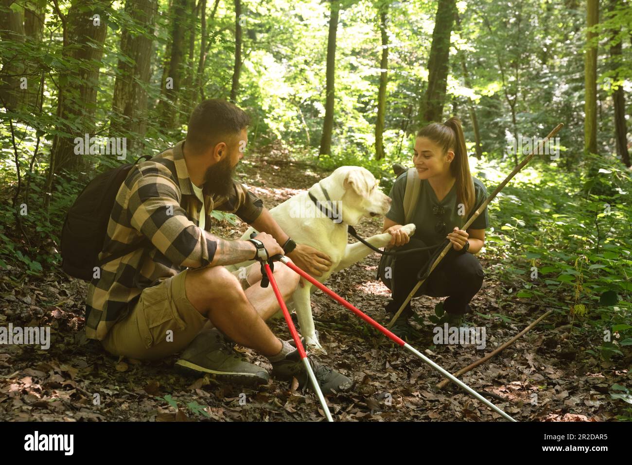 Jeune couple à la recherche de la liberté dans la nature marchant avec leur chien à travers la forêt se sentant heureux et accompli, s'échappant de la ville quotidienne Banque D'Images