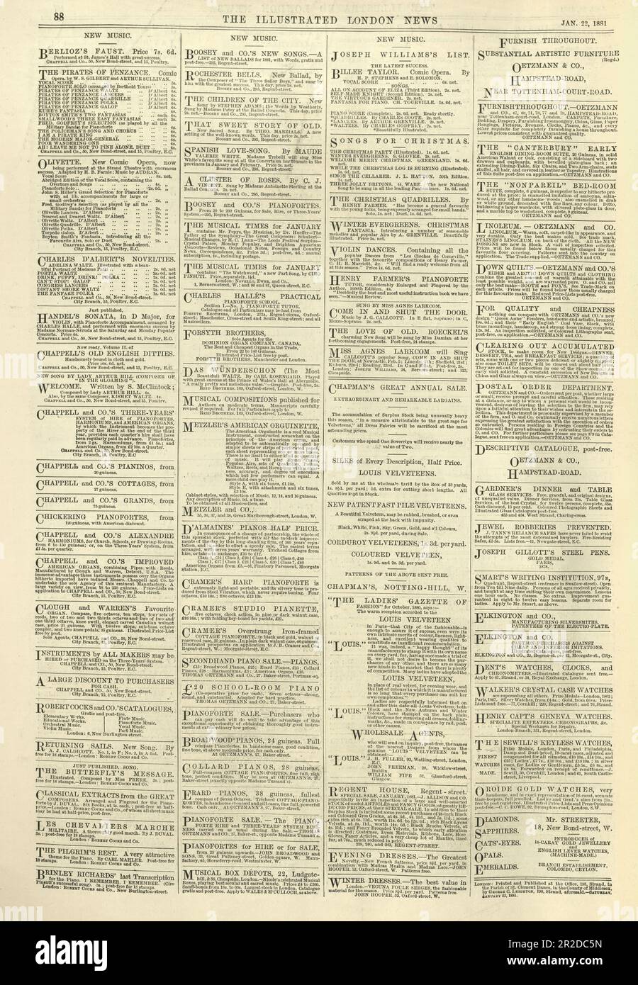 Page des publicités de papier de nessel victorien, avis, janvier 1881 Banque D'Images