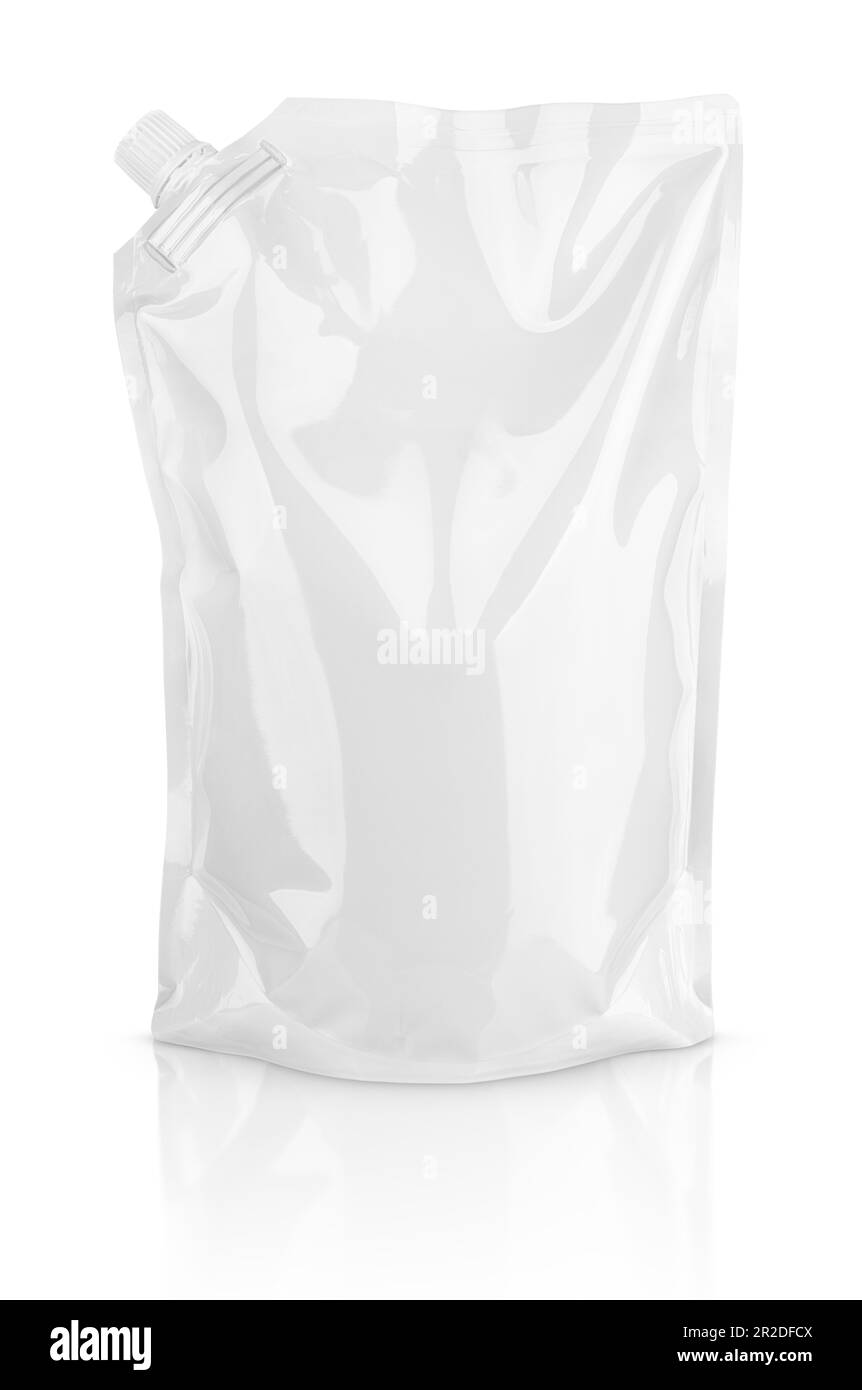 Vue avant d'un doypack blanc brillant vierge avec capuchon ou étui de rangement isolé sur fond blanc avec chemin de découpe Banque D'Images