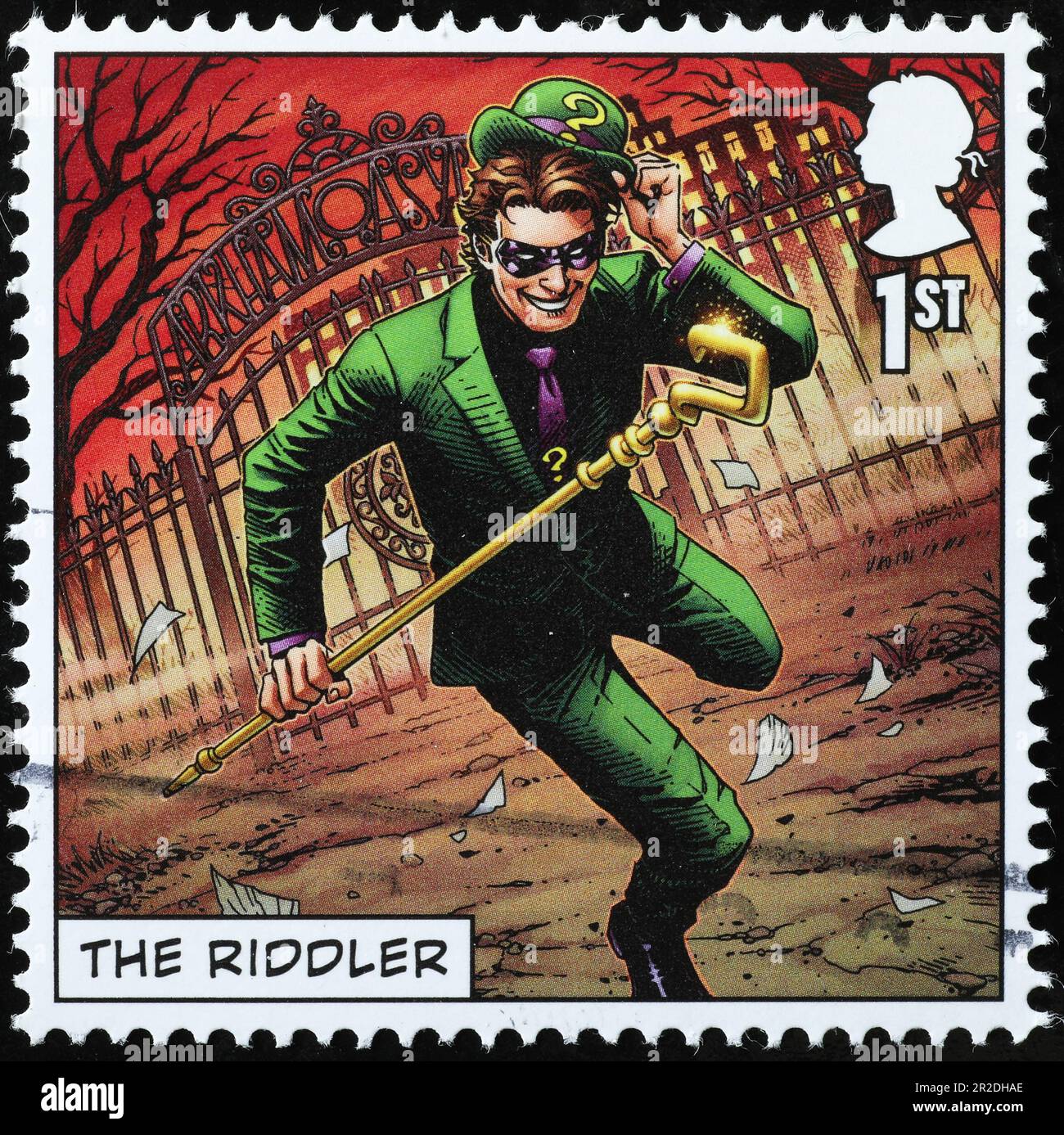 Caricature du riddler sur un timbre-poste britannique Banque D'Images