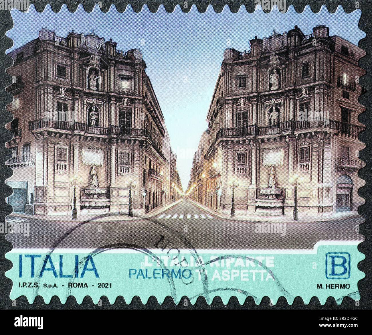 Quatre coins à Palerme sur timbre italien Banque D'Images