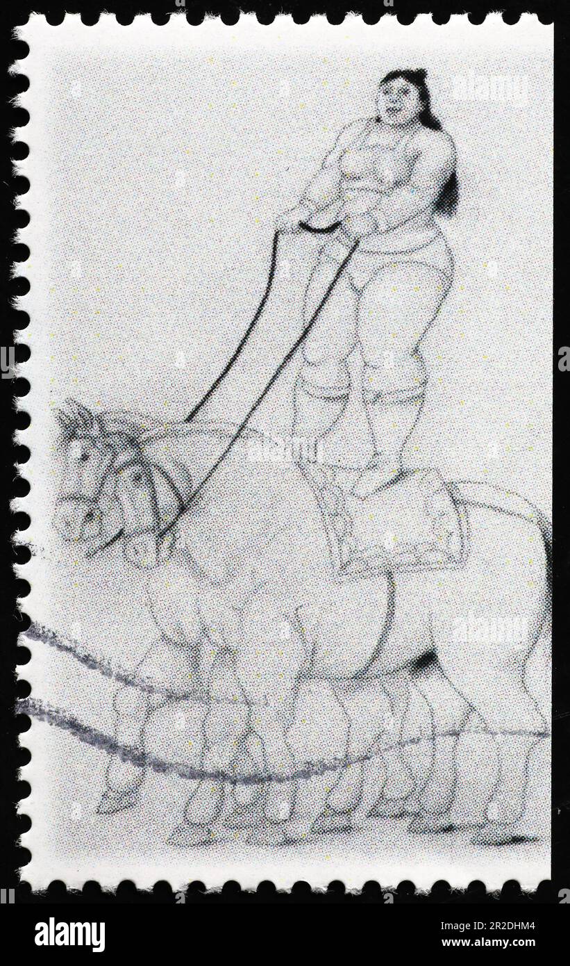 Horsewoman dessiné par botero sur le timbre Banque D'Images