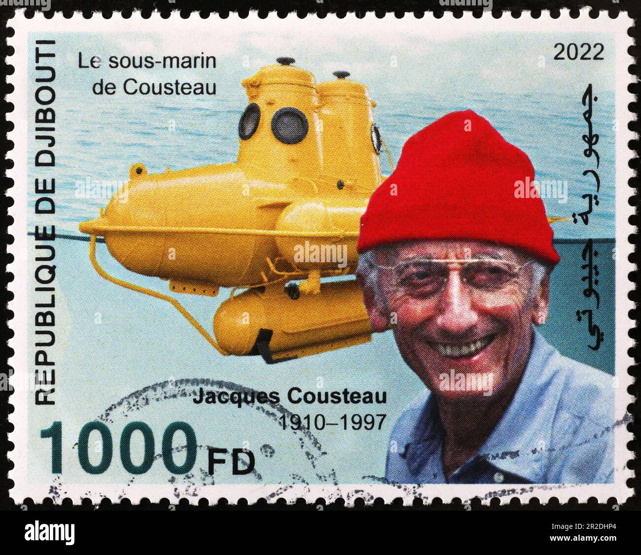 Jacques Cousteau et son bathyscaphe sur timbre-poste Banque D'Images