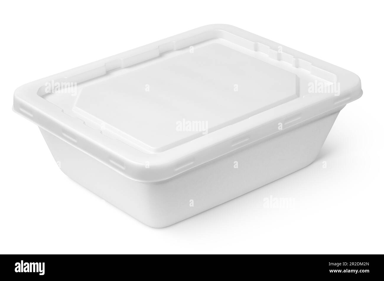 Conteneur alimentaire blanc fermé en polystyrène avec couvercle en plastique isolé sur fond blanc avec passe-cheveux Banque D'Images