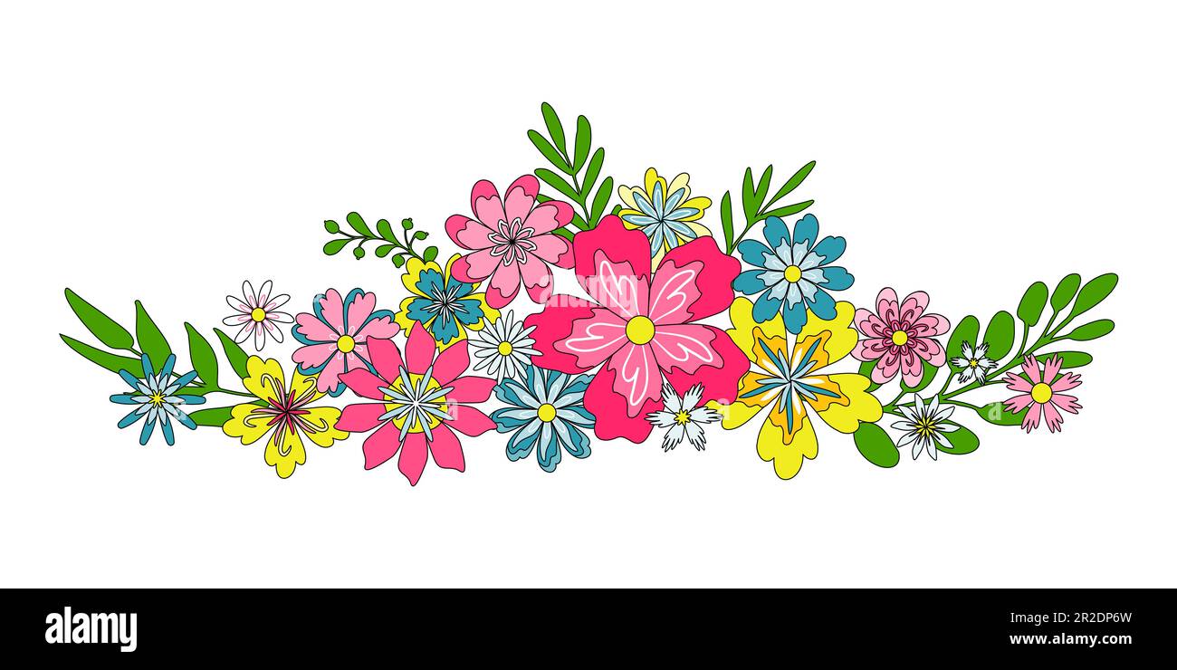 Fleurs rétro brillantes avec une longue bordure horizontale Illustration de Vecteur