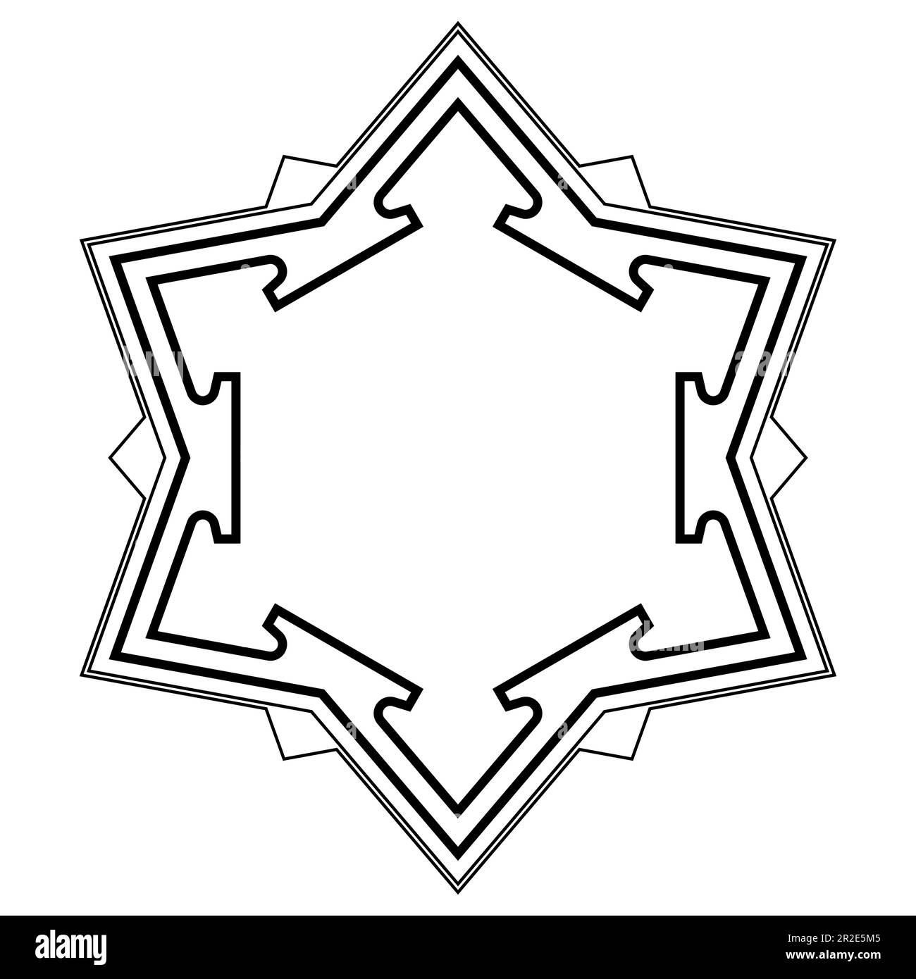 Motif de fort de bastion hexagonal. Structure de base et de plan des murs extérieurs d'un fort à six étoiles pointues, avec des ravelins, les fortifications triangulaires. Banque D'Images