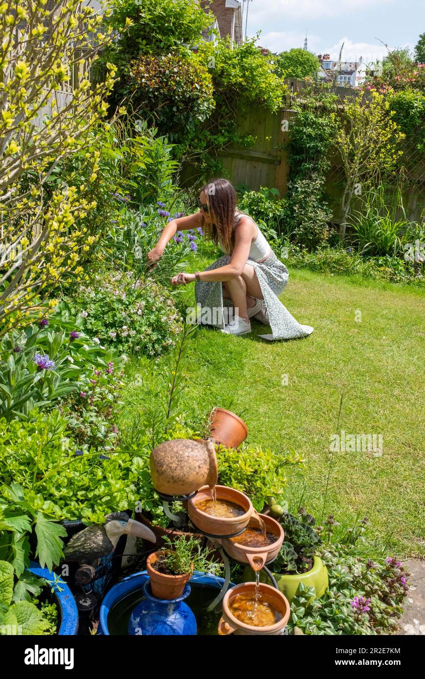 Une jeune femme de 30s ans qui a tendance à avoir un petit jardin urbain au soleil de printemps Banque D'Images