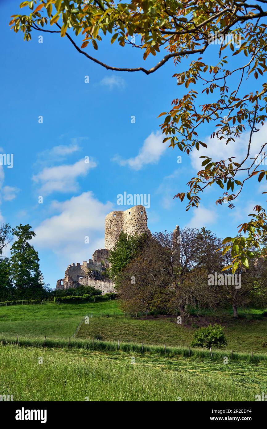 Le château de Pfeffingen ruine tour haut au-dessus du village du même nom et de la vallée de Birseck Banque D'Images