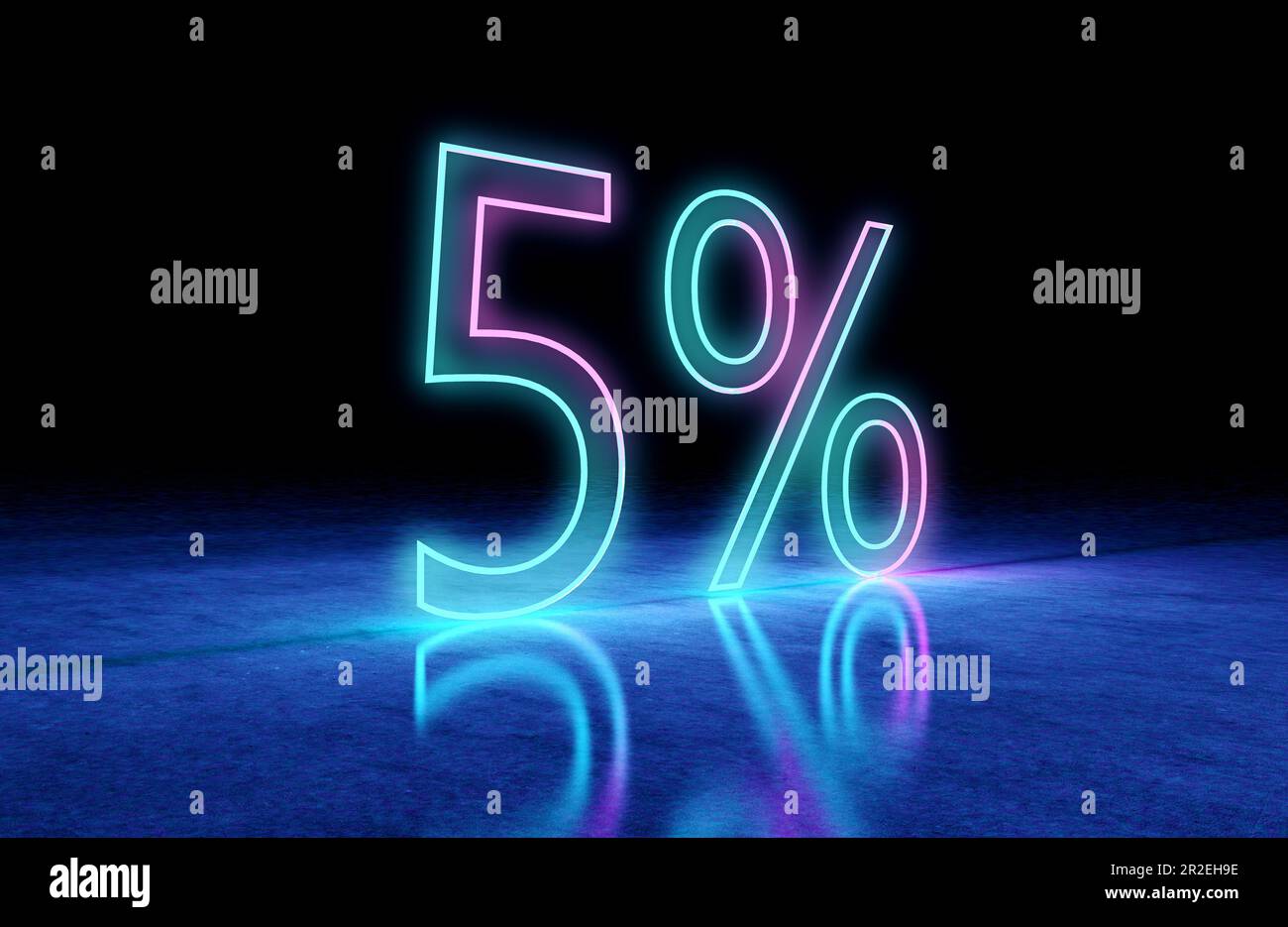 5 % sous forme de lignes brillantes et brillantes. Modèle pour les produits, la publicité, les bannières Web.promotion de remise vente faite de numéros néon. Banque D'Images