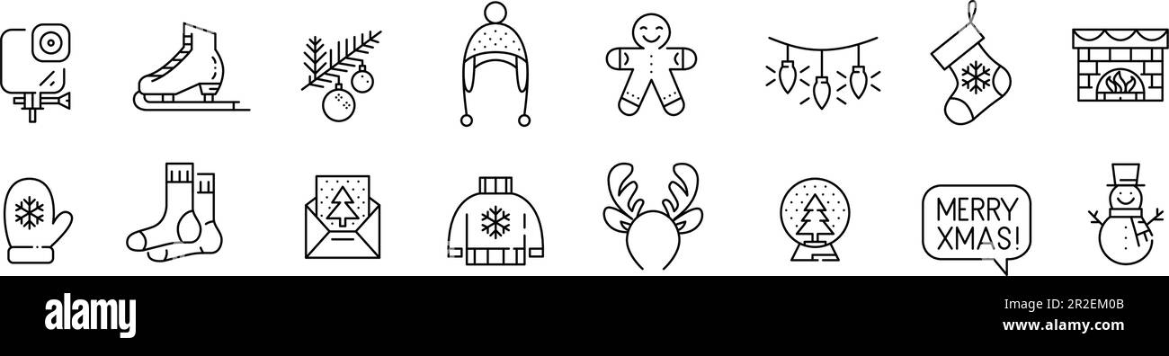 Noël saison des fêtes décorations et sports. Pixel parfait, contour modifiable Illustration de Vecteur