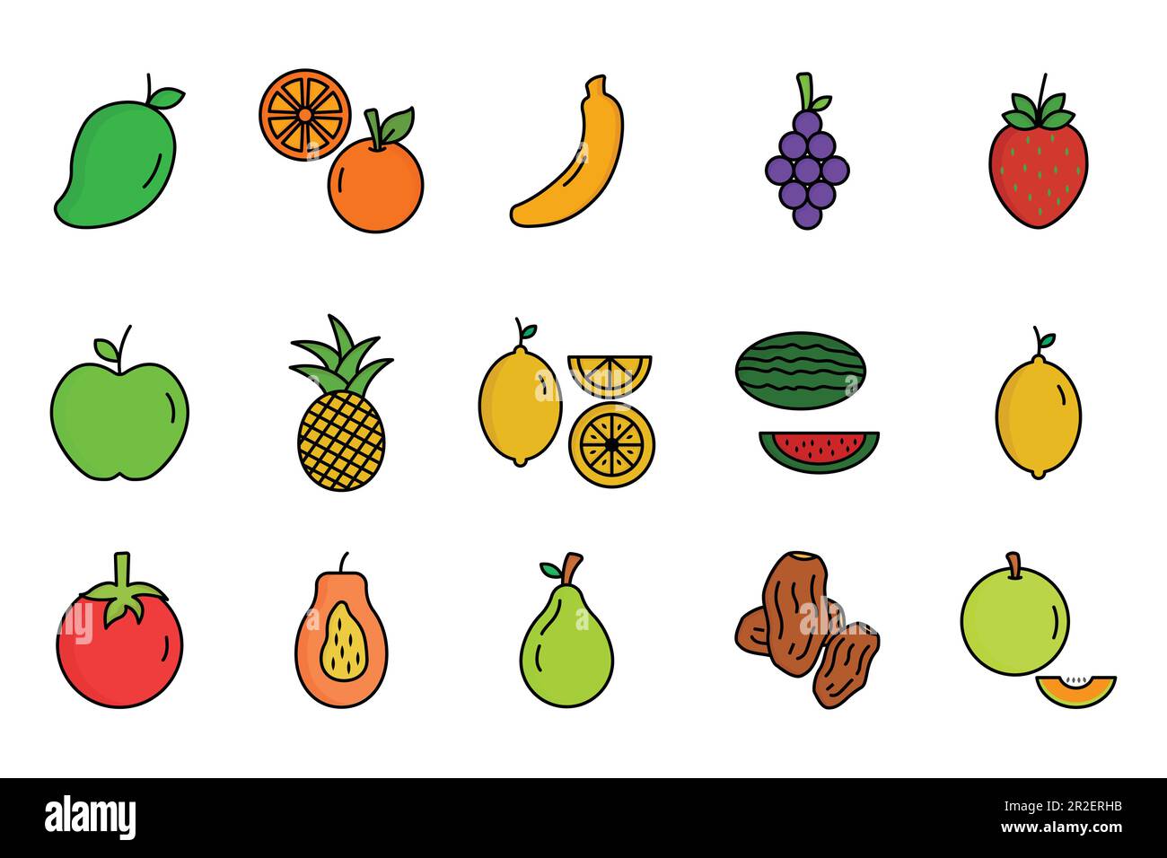Icône ensemble de fruits simple. Style d'icône de ligne plate. Contient des icônes telles que la fraise, l'orange, la pastèque et bien plus encore. Conception vectorielle simple modifiable Illustration de Vecteur