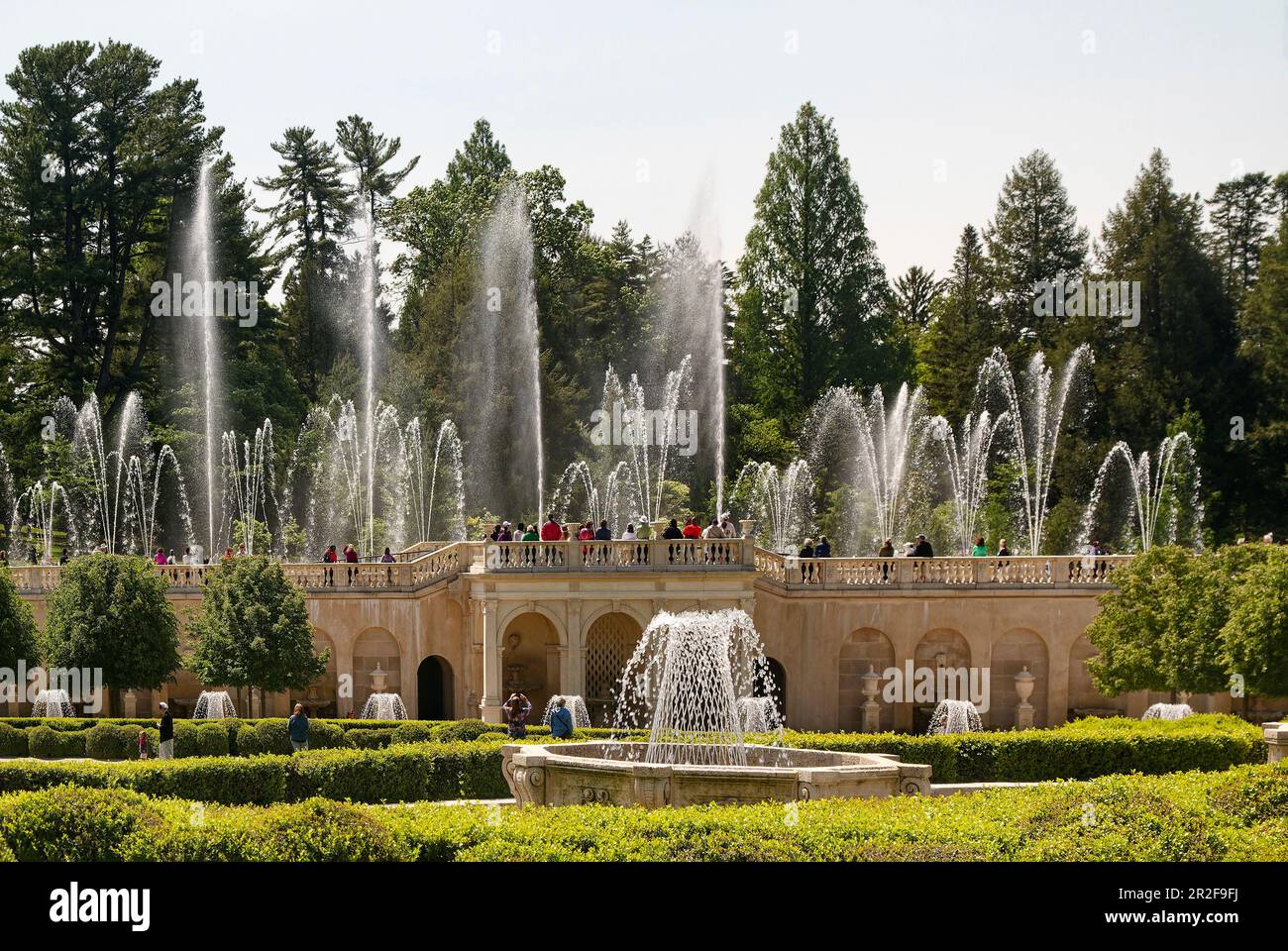 Jardin de la fontaine principale, biLevel, jet d'eau haut, danse, petites fontaines à la base, observation des gens, herbe verte, arbustes, arbres, beauté, pierre bronzante b Banque D'Images