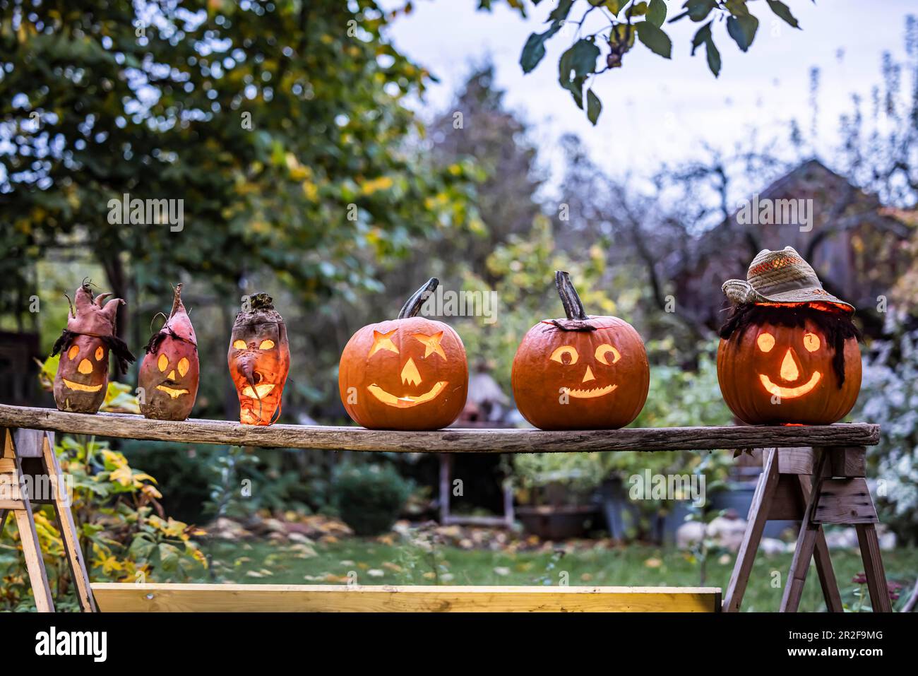 Citrouilles sculptées et fantômes de navets, visages de citrouille illuminés à Halloween, en Allemagne Banque D'Images