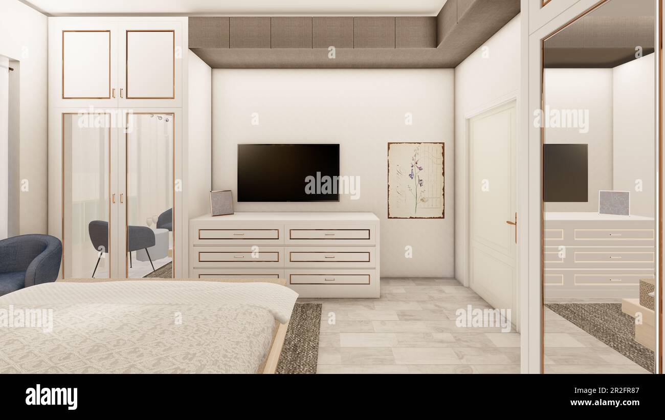 Design intérieur réaliste de la chambre avec mobilier en bois 3D rendu Banque D'Images