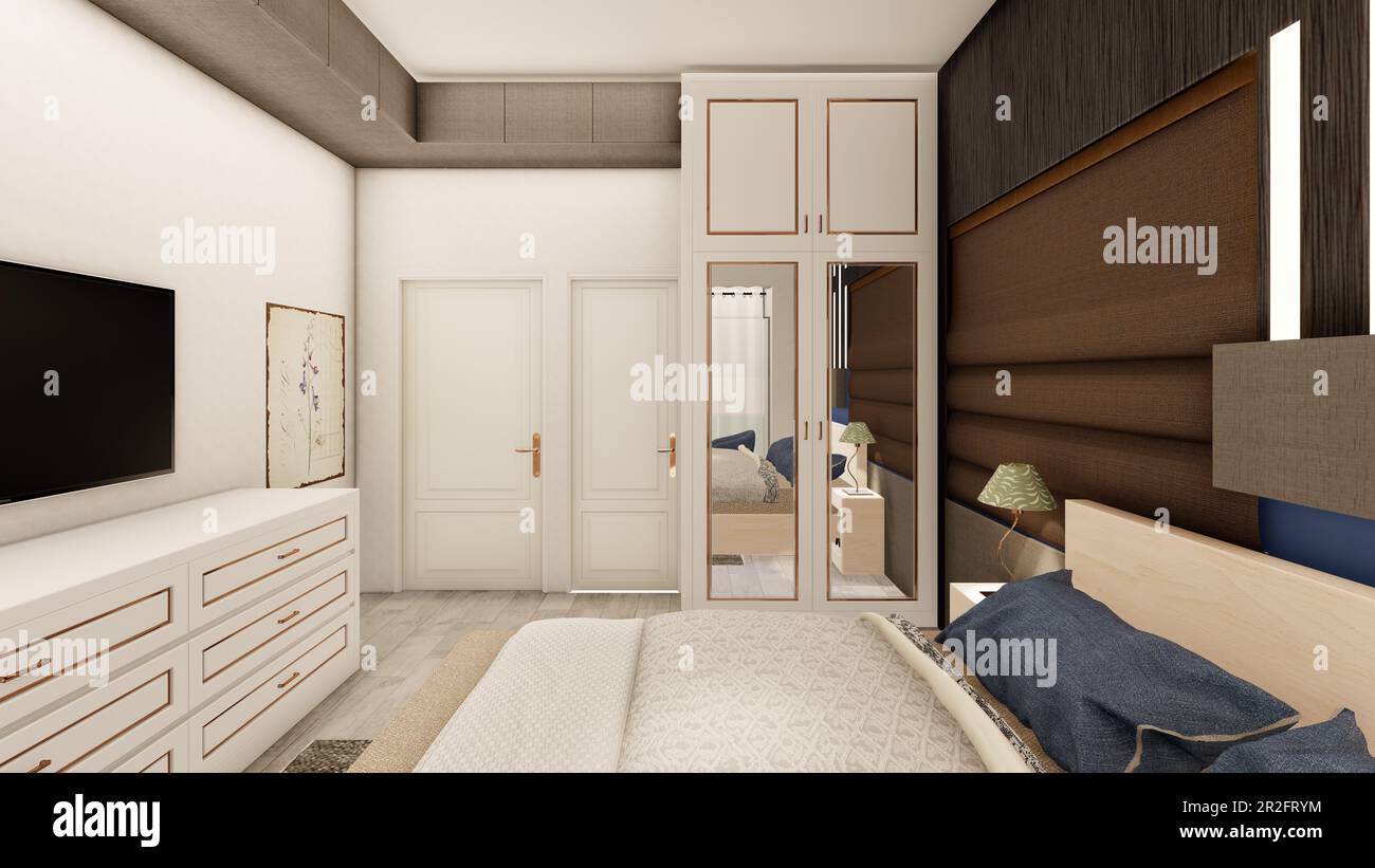 Intérieur de chambre réaliste brun foncé avec mobilier en bois 3D rendu Banque D'Images