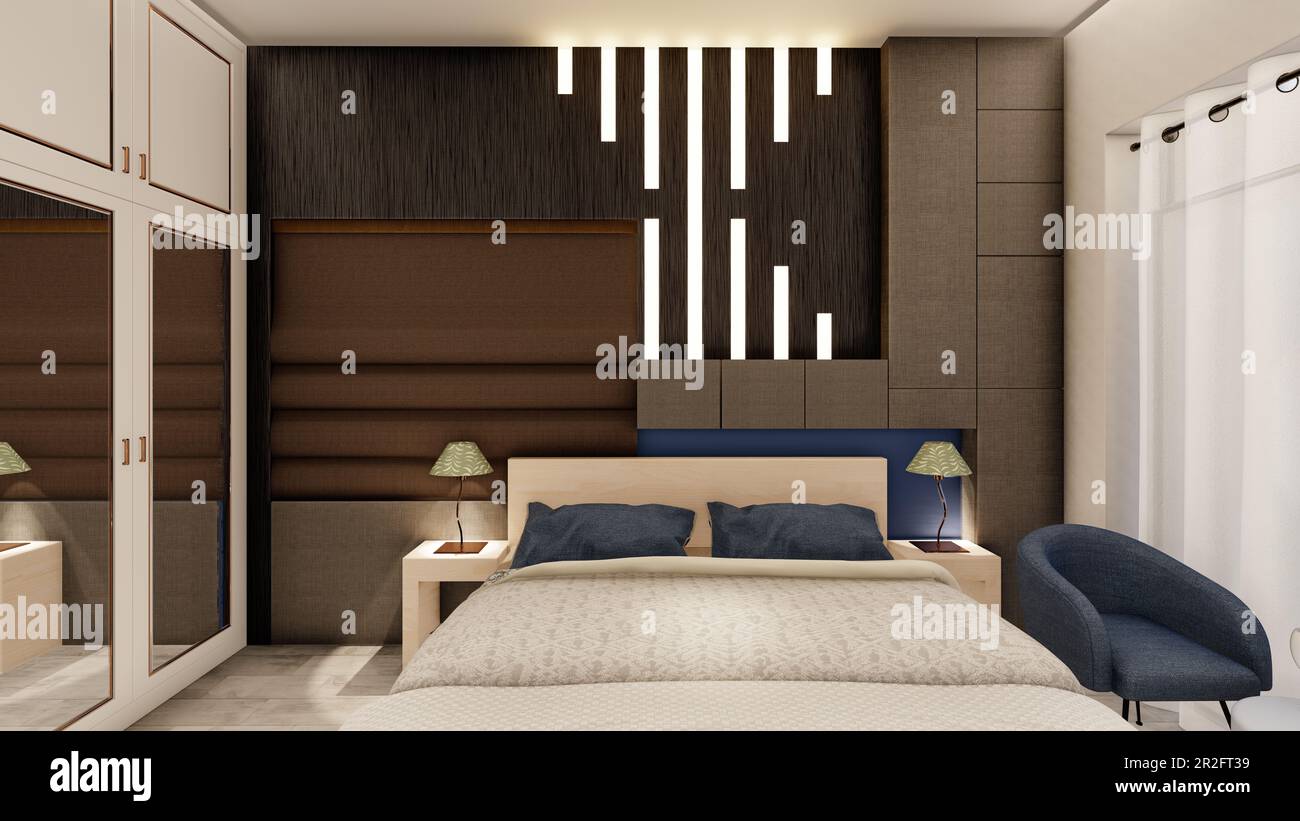 Intérieur réaliste de chambre en bois sombre avec rangement et rétroéclairage 3D rendu Banque D'Images