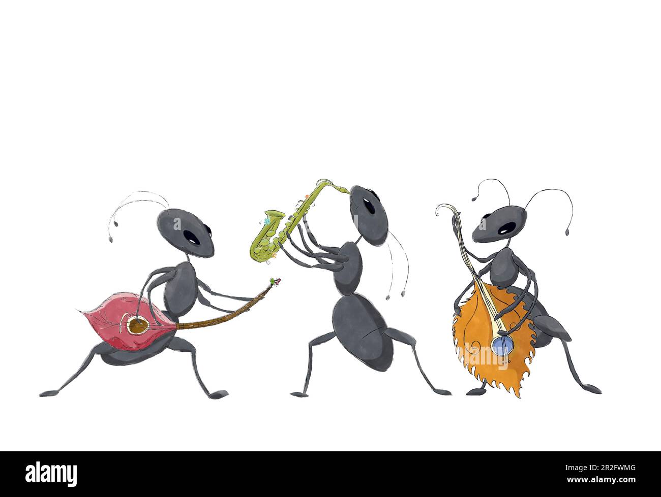 Aquarelle esquisse fantaisie dessin de trois fourmis jouant de la musique, livre dessins de personnages isolés sur fond blanc Banque D'Images