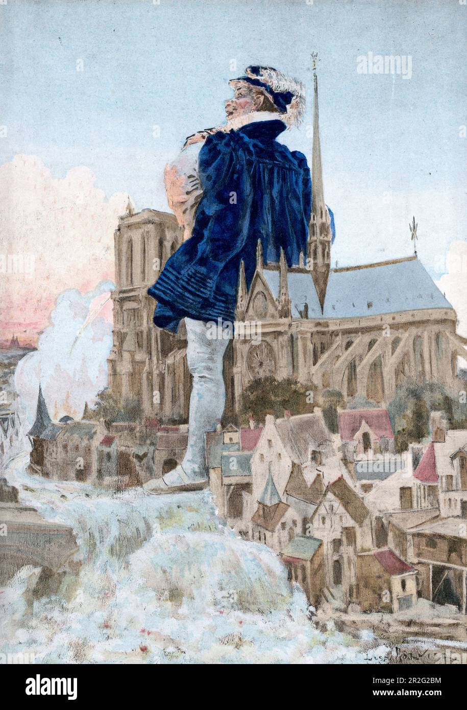 Lithographie de couleur vintage montrant une scène des œuvres de Rabelais. Comment Gargantua a accueilli les Parisiens, et comment il a enlevé les grandes cloches de l'Église de notre-Dame. Gargantua et Pantaguel. Par Jules Garnier Banque D'Images