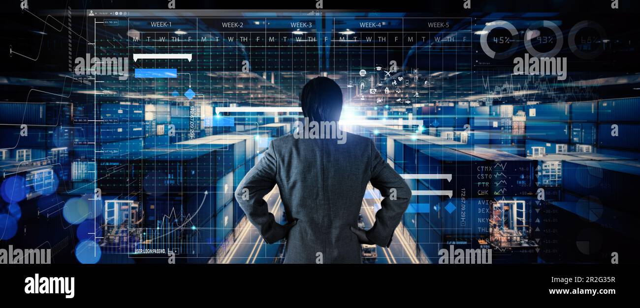 Homme d'affaires tenant Virtual interface panel de la logistique globale réseau de distribution et de transport, Smart Logistics, innovation future of transpo Banque D'Images