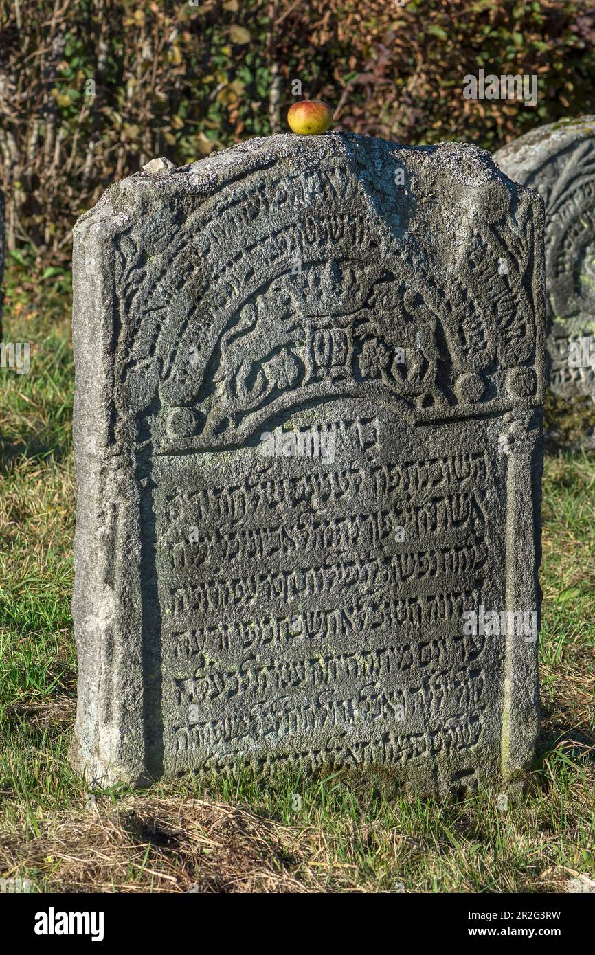 Symboles sur une pierre tombale juive, cimetière juif historique, ce lieu funéraire fut occupé de 1737 à 1934, Hagenbach, haute-Franconie, Bavière Banque D'Images