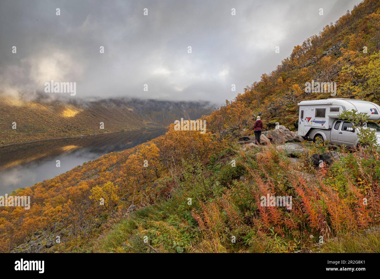 Personne debout devant une camionnette de camping dans un paysage d'automne, regardant le Gryllefjord, Senja, Norvège. Banque D'Images