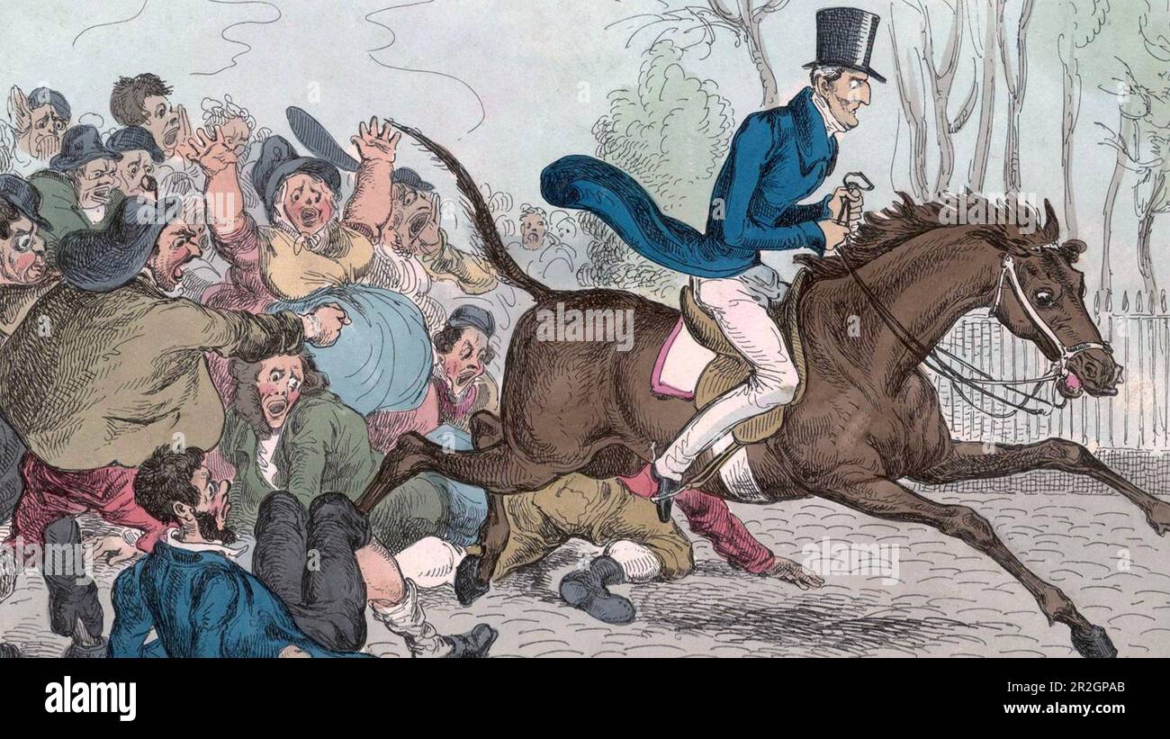 ÉMANCIPATION CATHOLIQUE le duc de Wellington échappe à une foule protestante dans une caricature de 1829 Banque D'Images