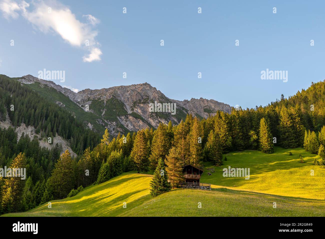 Cabane en bois à la Berggasthof Hermine, derrière elle le 2594 mètres de haut Zwölferspitze, sentier européen de randonnée longue distance E5, Madau, Tyrol, Autriche Banque D'Images