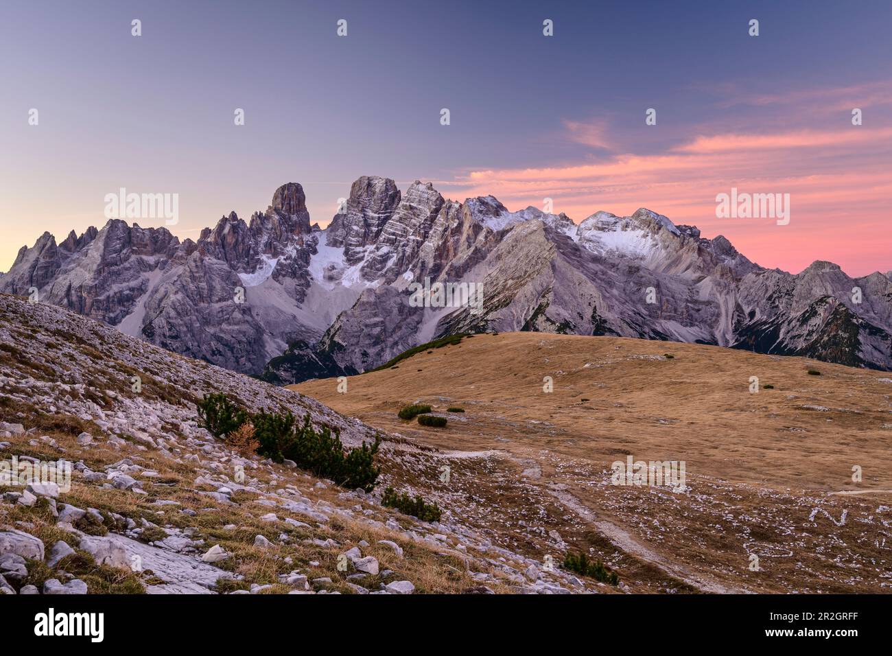 Groupe Cristallo à l'aube, du Strudelkopf, Dolomites, Dolomites du patrimoine naturel mondial de l'UNESCO, Tyrol du Sud, Italie Banque D'Images