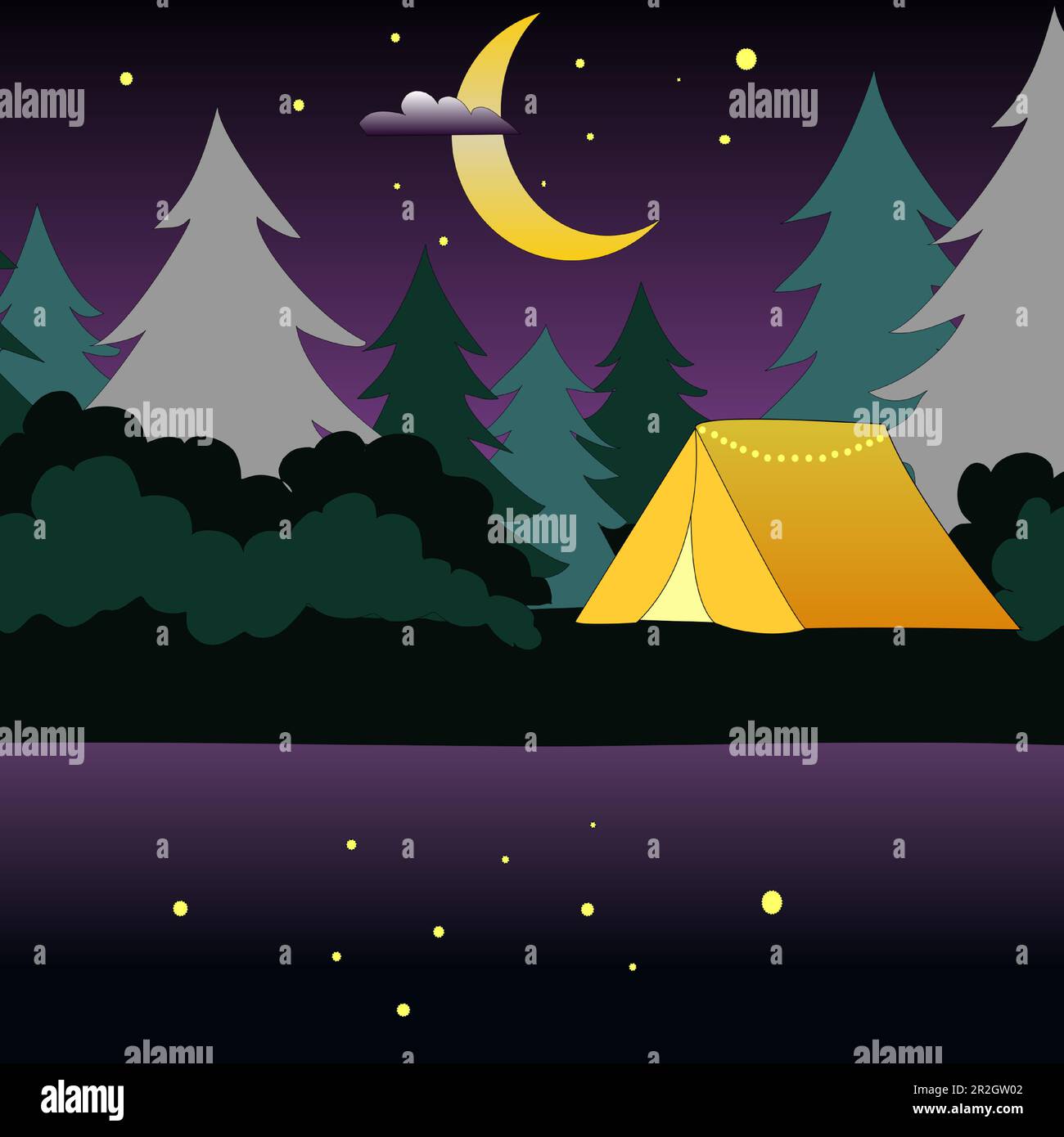 Camping de nuit dans une tente jaune avec lac et bateau, arbres et ciel étoilé pourpre. Illustration de Vecteur